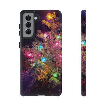 Phone case with Christmas tree design featuring lights on a white background