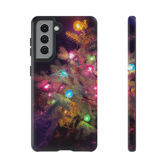 Phone case with Christmas tree design featuring lights on a white background
