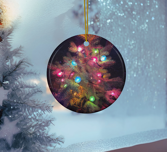 Colorful Christmas Lights Ceramic Ornament | Round Double-Sided Holiday Decoration